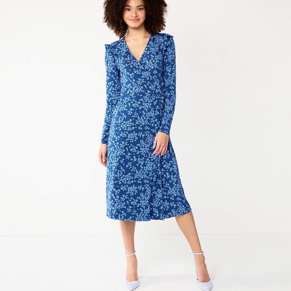 NWT Draper James RSVP Blue Floral V Neck Ruffle Sleeve Wrap Midi Dress Large